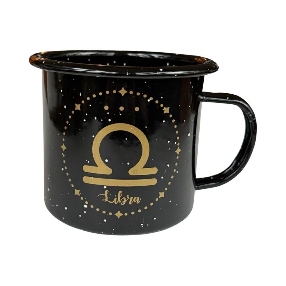 Libra Astrology 18 oz Enamel Campfire Mug Zodiac Symbol Blk White & Gold NWT